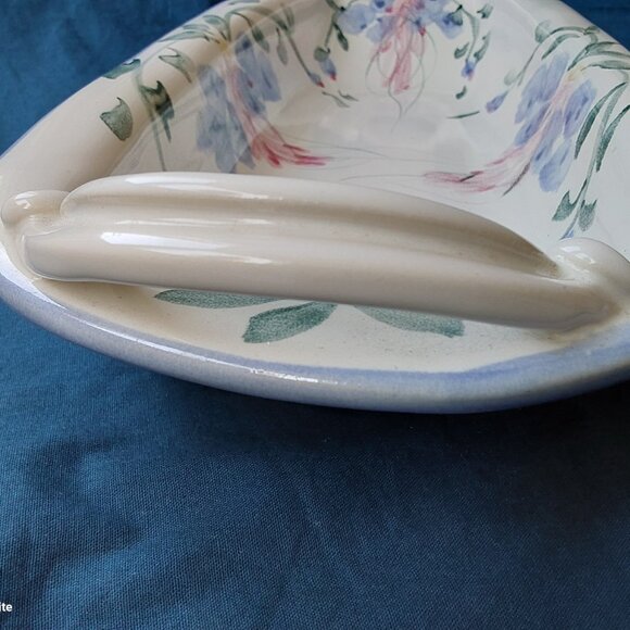 Studio pottery oblong serving dish with handles blue and pink flowers vtg 1993 - Picture 10 of 13